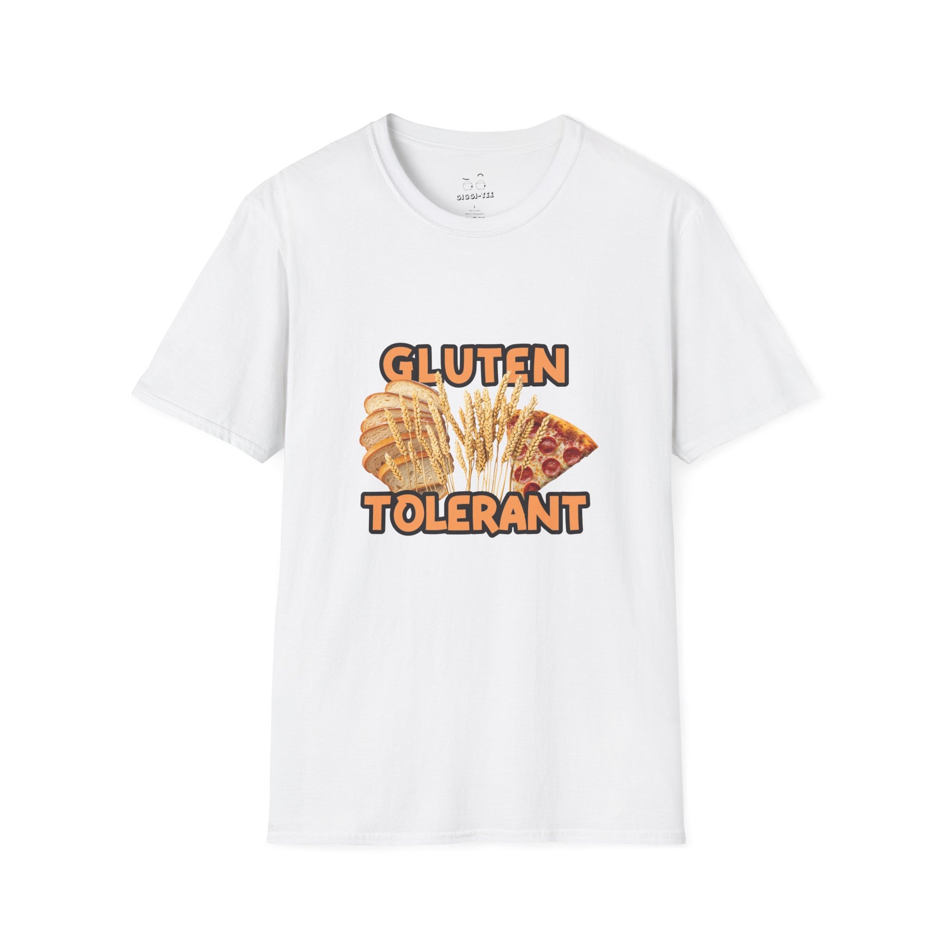 Gluten Tolerant t-shirt featuring wheat, bread, and pizza illustration