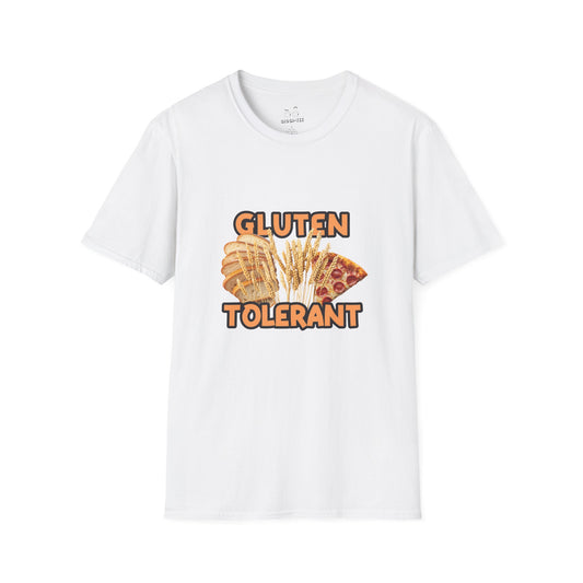 Gluten Tolerant t-shirt featuring wheat, bread, and pizza illustration