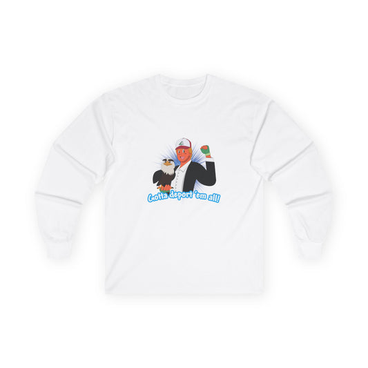 Gotta Deport ’Em All t-shirt parody of Donald Trump in Pokémon style holding bald eagle, political humor shirt.