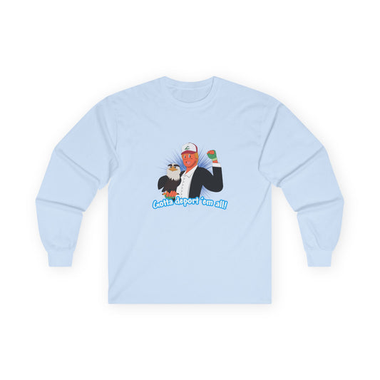 Gotta Deport ’Em All t-shirt parody of Donald Trump in Pokémon style holding bald eagle, political humor shirt.