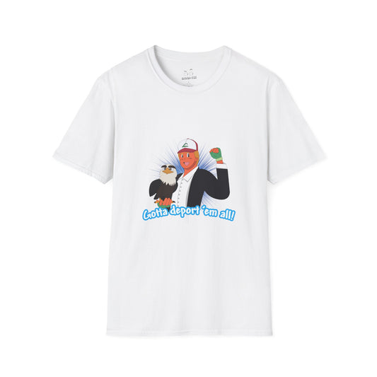 Gotta Deport ’Em All t-shirt parody of Donald Trump in Pokémon style holding bald eagle, political humor shirt.