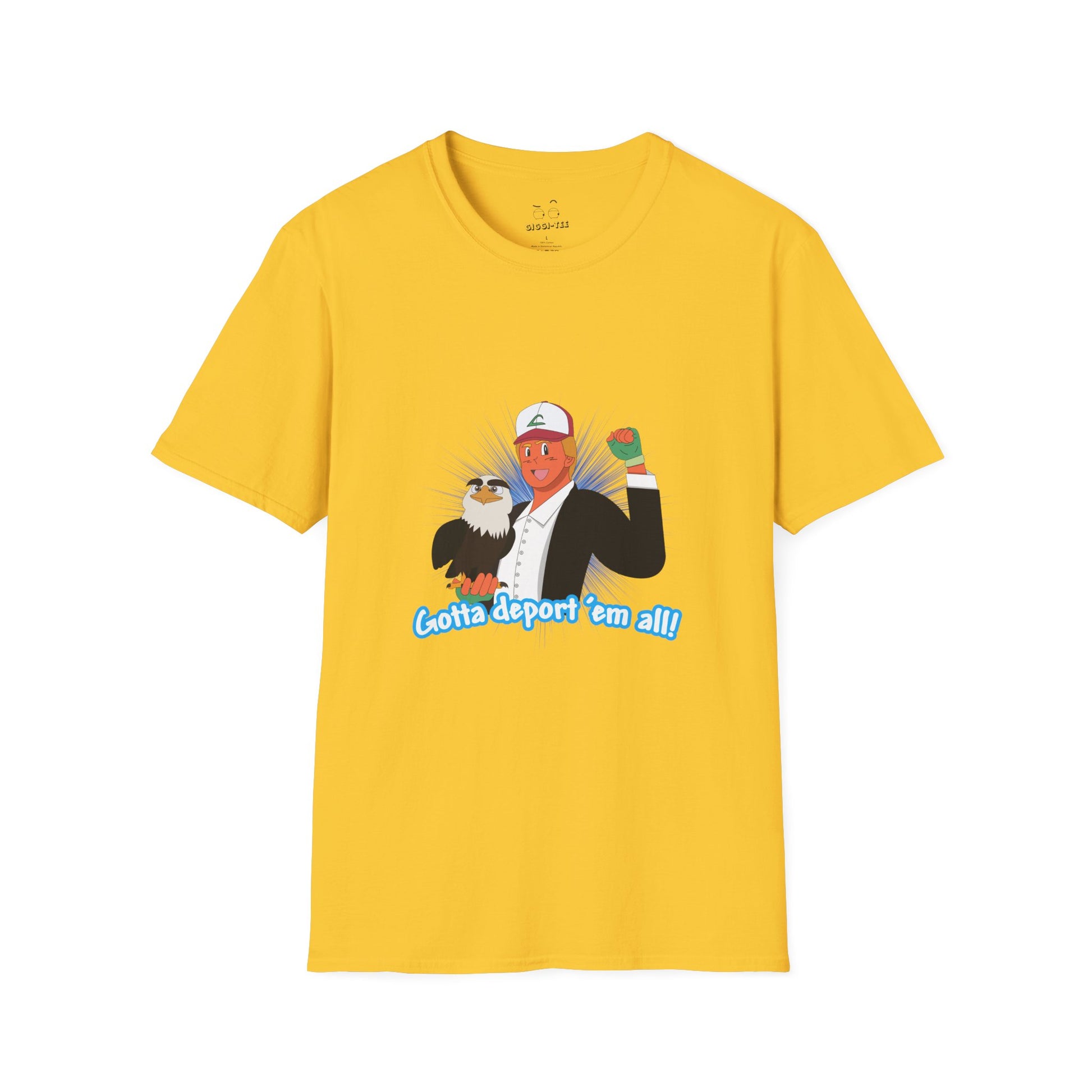 Gotta Deport ’Em All t-shirt parody of Donald Trump in Pokémon style holding bald eagle, political humor shirt.
