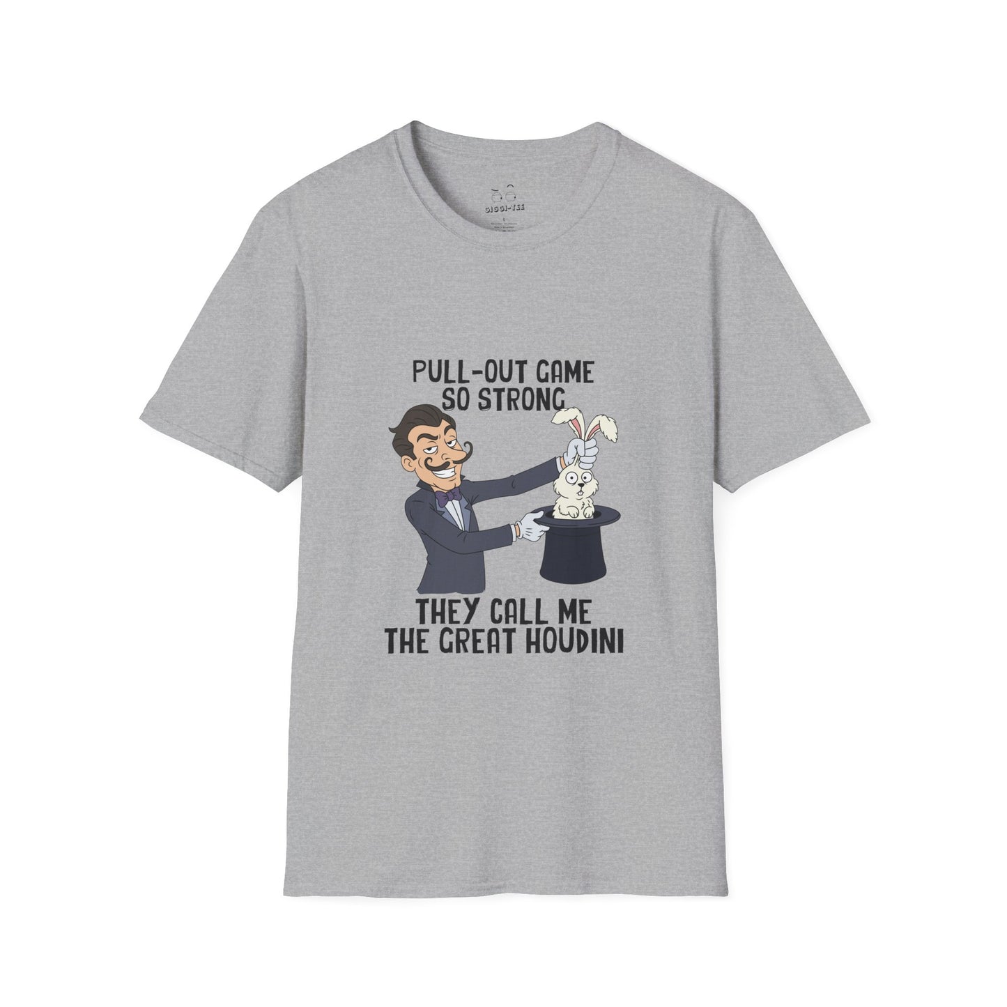 Vintage cartoon shirt design featuring a magician smirking while pulling a rabbit out of a hat, representing the text “Pull-out game so strong they call me the Great Houdini.”