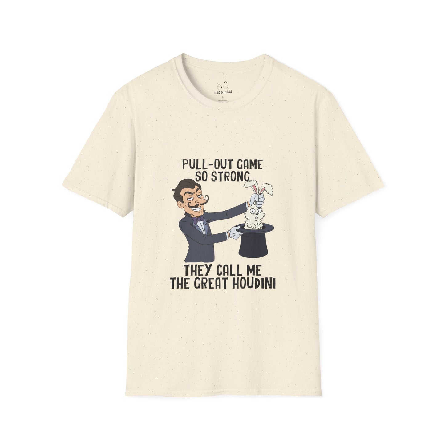 Vintage cartoon shirt design featuring a magician smirking while pulling a rabbit out of a hat, representing the text “Pull-out game so strong they call me the Great Houdini.”