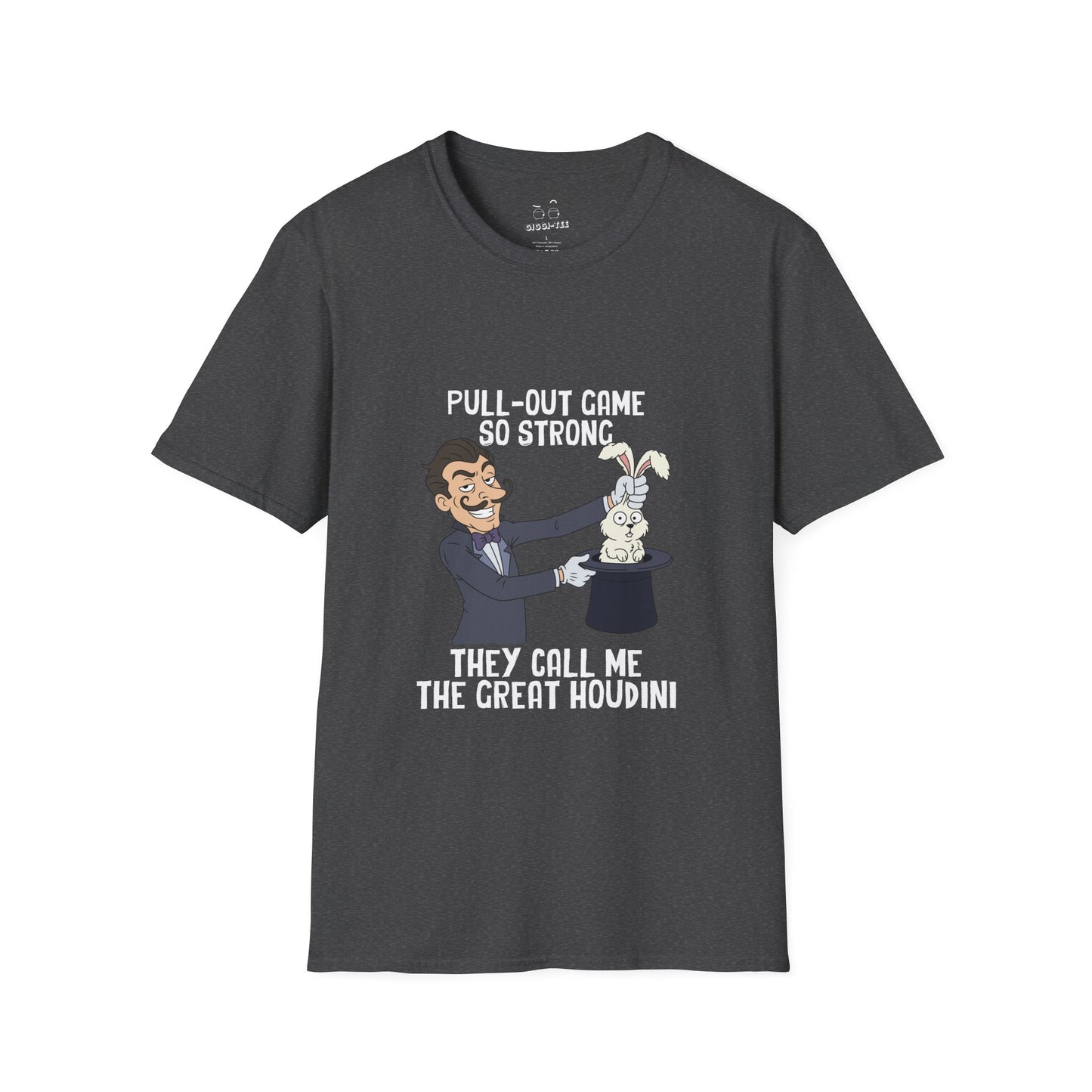 Vintage cartoon shirt design featuring a magician smirking while pulling a rabbit out of a hat, representing the text “Pull-out game so strong they call me the Great Houdini.”