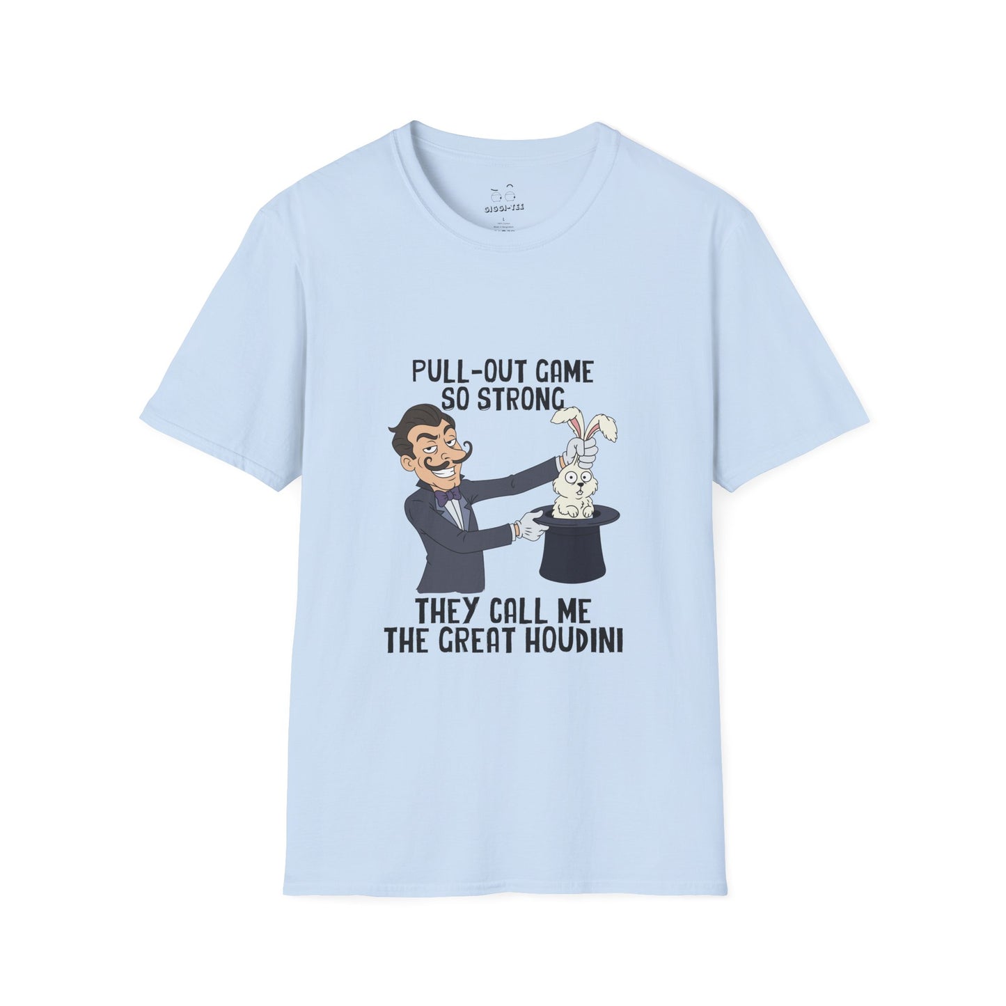 Vintage cartoon shirt design featuring a magician smirking while pulling a rabbit out of a hat, representing the text “Pull-out game so strong they call me the Great Houdini.”
