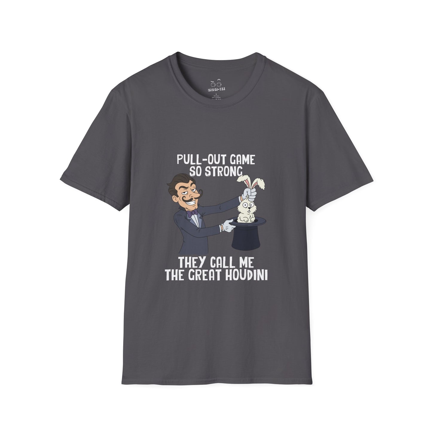 Vintage cartoon shirt design featuring a magician smirking while pulling a rabbit out of a hat, representing the text “Pull-out game so strong they call me the Great Houdini.”