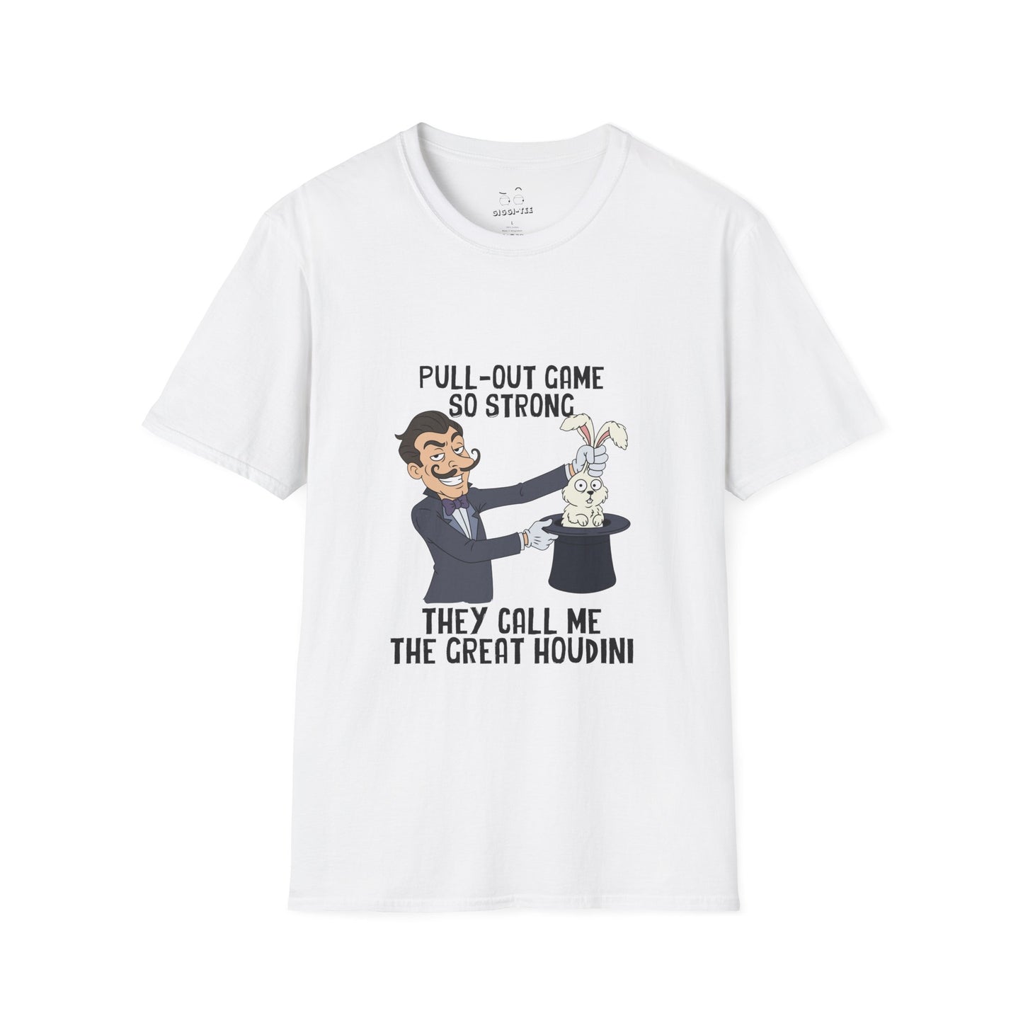 Vintage cartoon shirt design featuring a magician smirking while pulling a rabbit out of a hat, representing the text “Pull-out game so strong they call me the Great Houdini.”