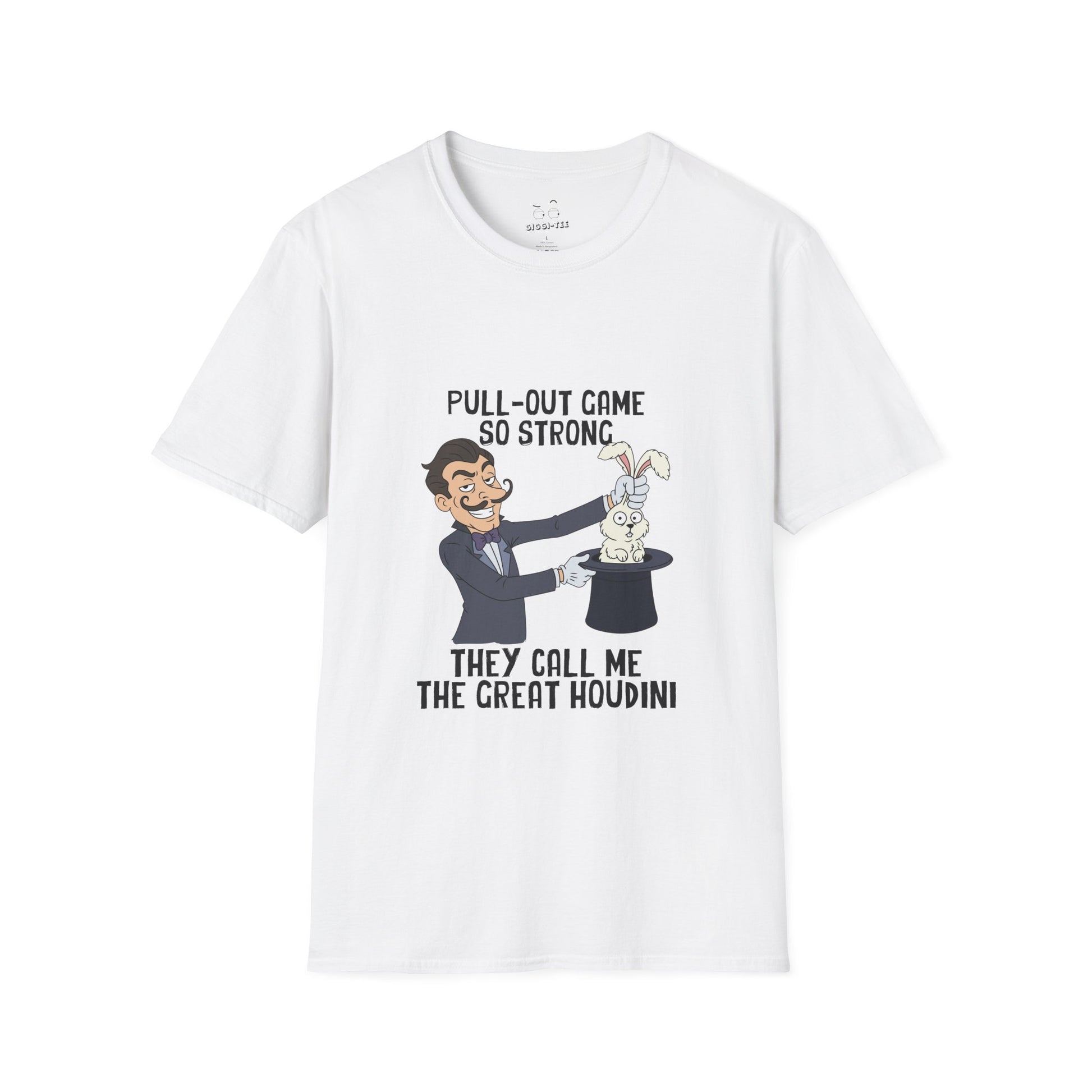 Vintage cartoon shirt design featuring a magician smirking while pulling a rabbit out of a hat, representing the text “Pull-out game so strong they call me the Great Houdini.”