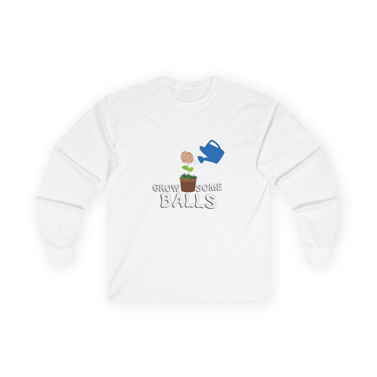 Edgy funny t-shirt showing literal testicles growing out of plant pots — bold visual pun with absurd garden humor