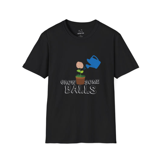 Edgy funny t-shirt showing literal balls growing out of plant pots — bold visual pun with absurd garden humor