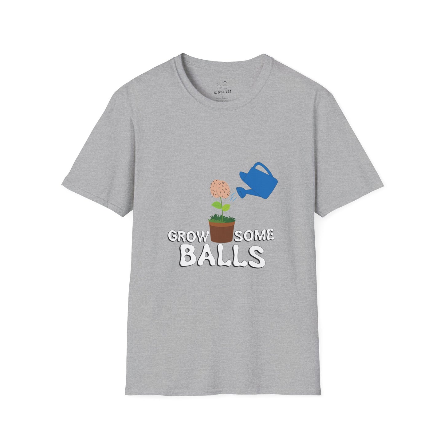 Edgy funny t-shirt showing literal balls growing out of plant pots — bold visual pun with absurd garden humor