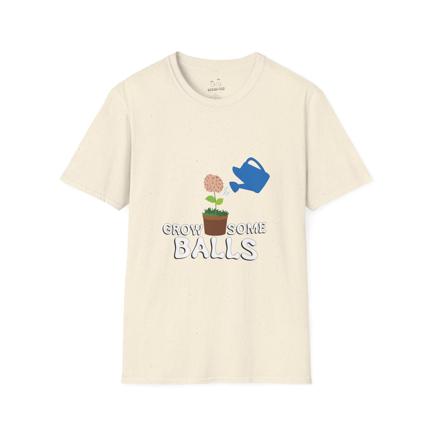 Edgy funny t-shirt showing literal balls growing out of plant pots — bold visual pun with absurd garden humor