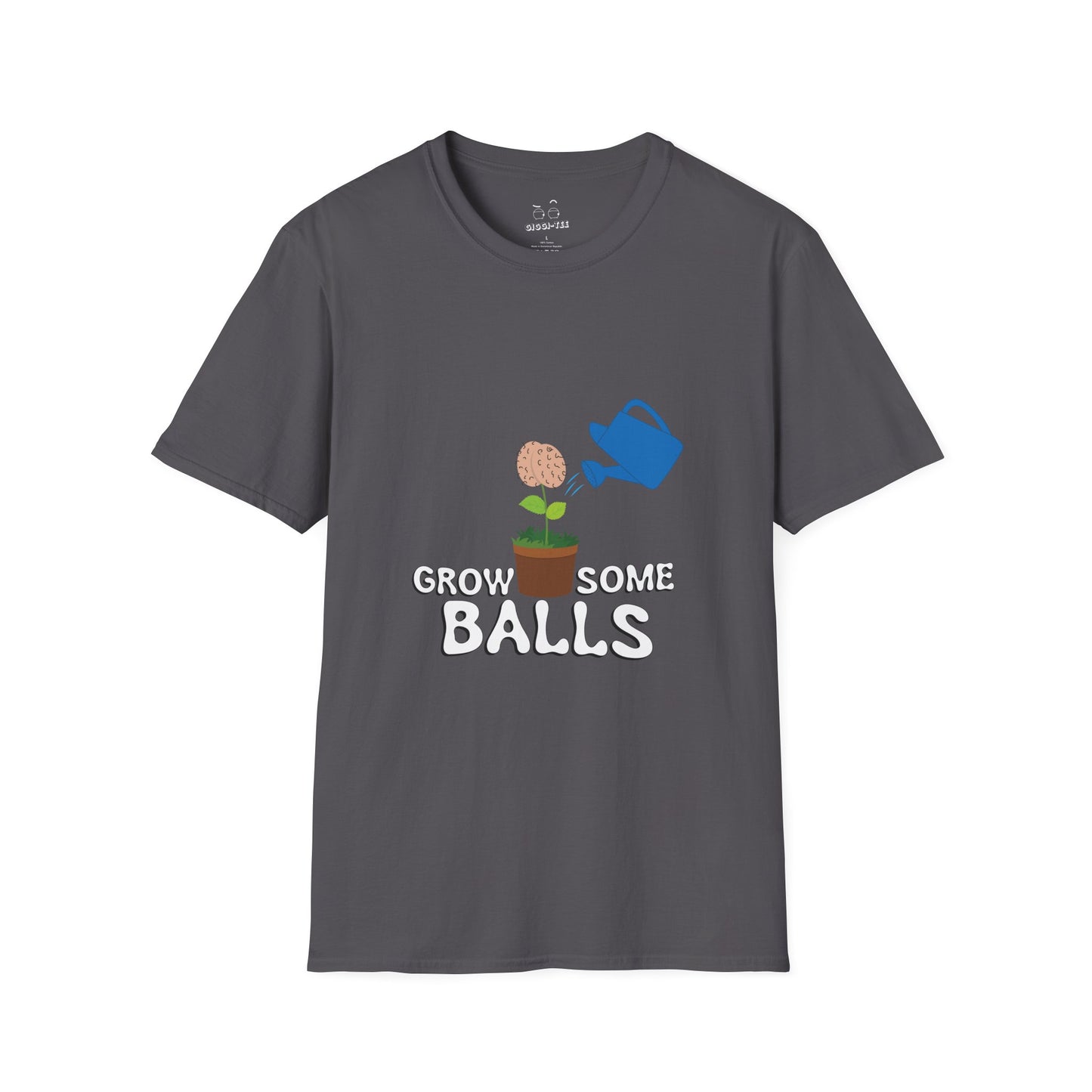 Edgy funny t-shirt showing literal testicles growing out of plant pots — bold visual pun with absurd garden humor