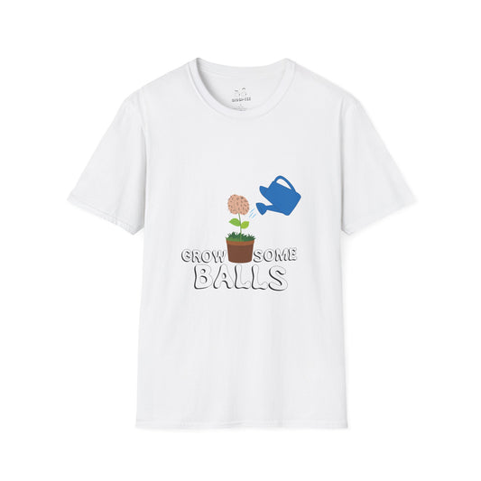 Edgy funny t-shirt showing literal balls growing out of plant pots — bold visual pun with absurd garden humor