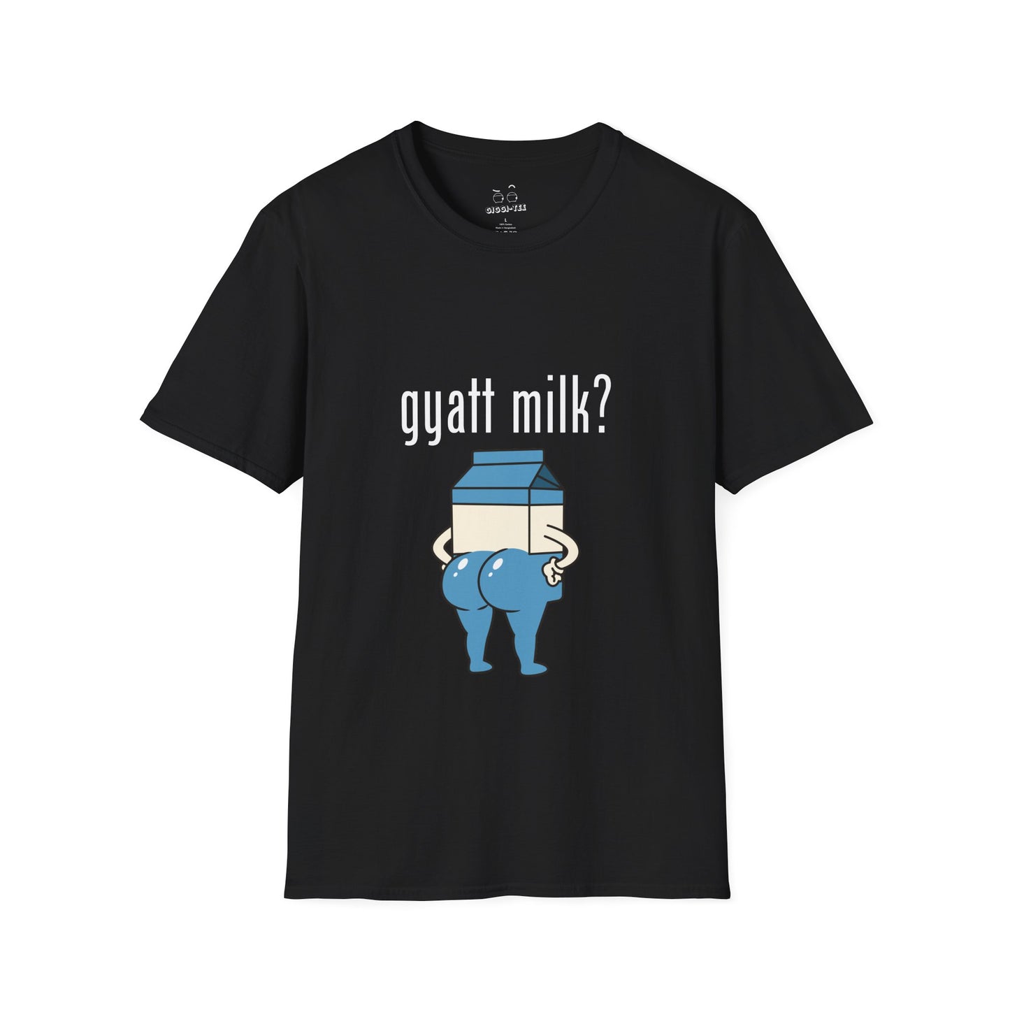 Humorous Got Milk? parody shirt design, Gyatt Milk mashup: cartoon milk carton with a big booty, sassy pose.