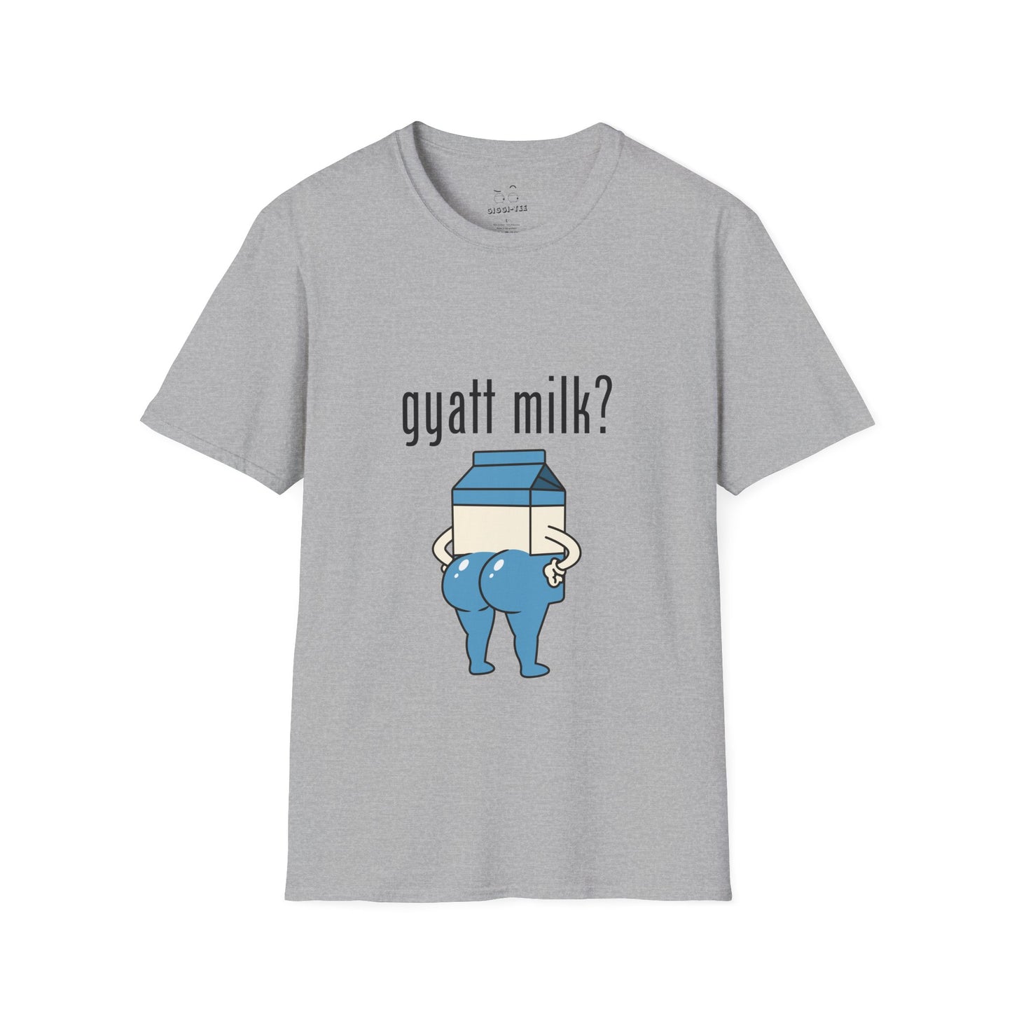 Humorous Got Milk? parody shirt design, Gyatt Milk mashup: cartoon milk carton with a big booty, sassy pose.