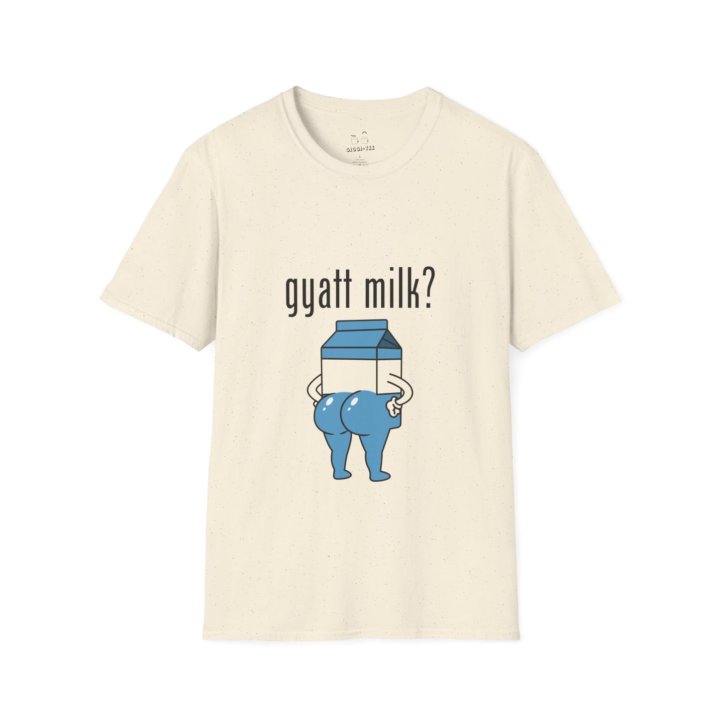 Humorous Got Milk? parody shirt design, Gyatt Milk mashup: cartoon milk carton with a big booty, sassy pose.