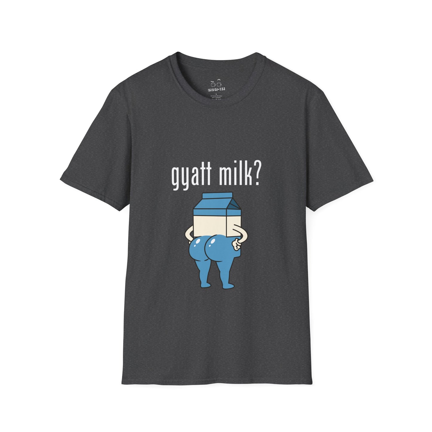 Humorous Got Milk? parody shirt design, Gyatt Milk mashup: cartoon milk carton with a big booty, sassy pose.