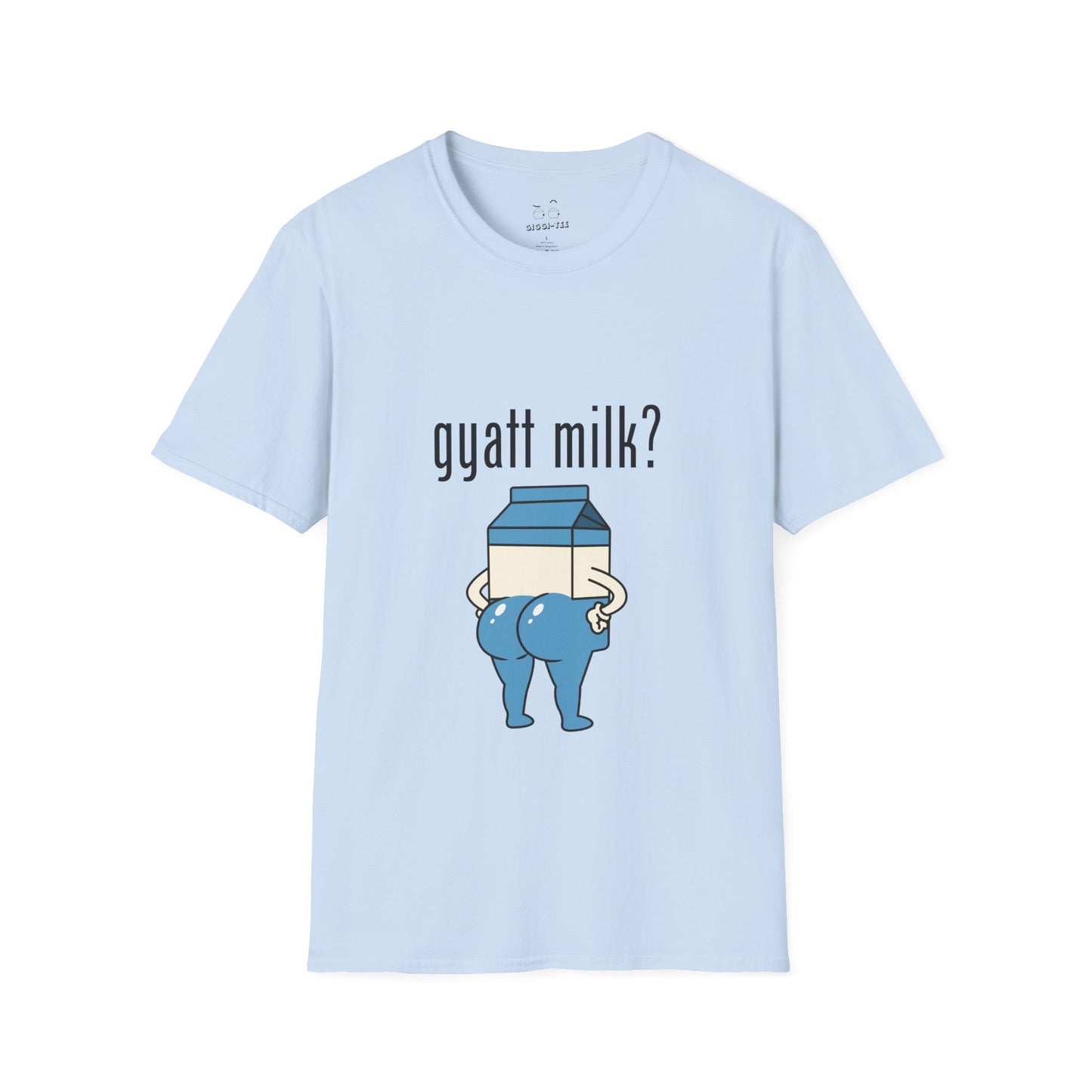 Humorous Got Milk? parody shirt design, Gyatt Milk mashup: cartoon milk carton with a big booty, sassy pose.