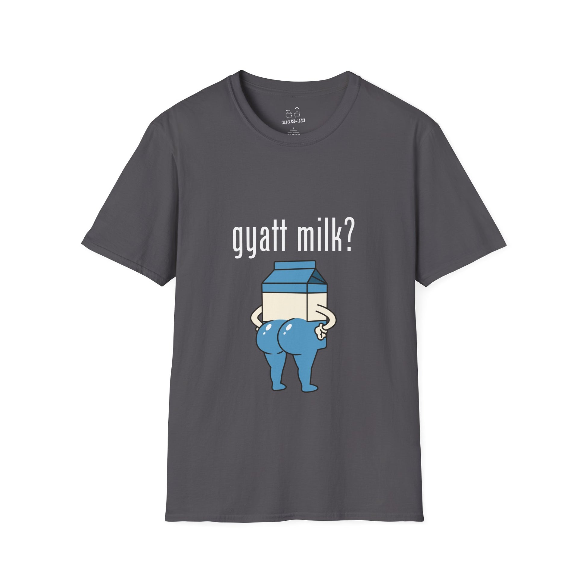 Humorous Got Milk? parody shirt design, Gyatt Milk mashup: cartoon milk carton with a big booty, sassy pose.