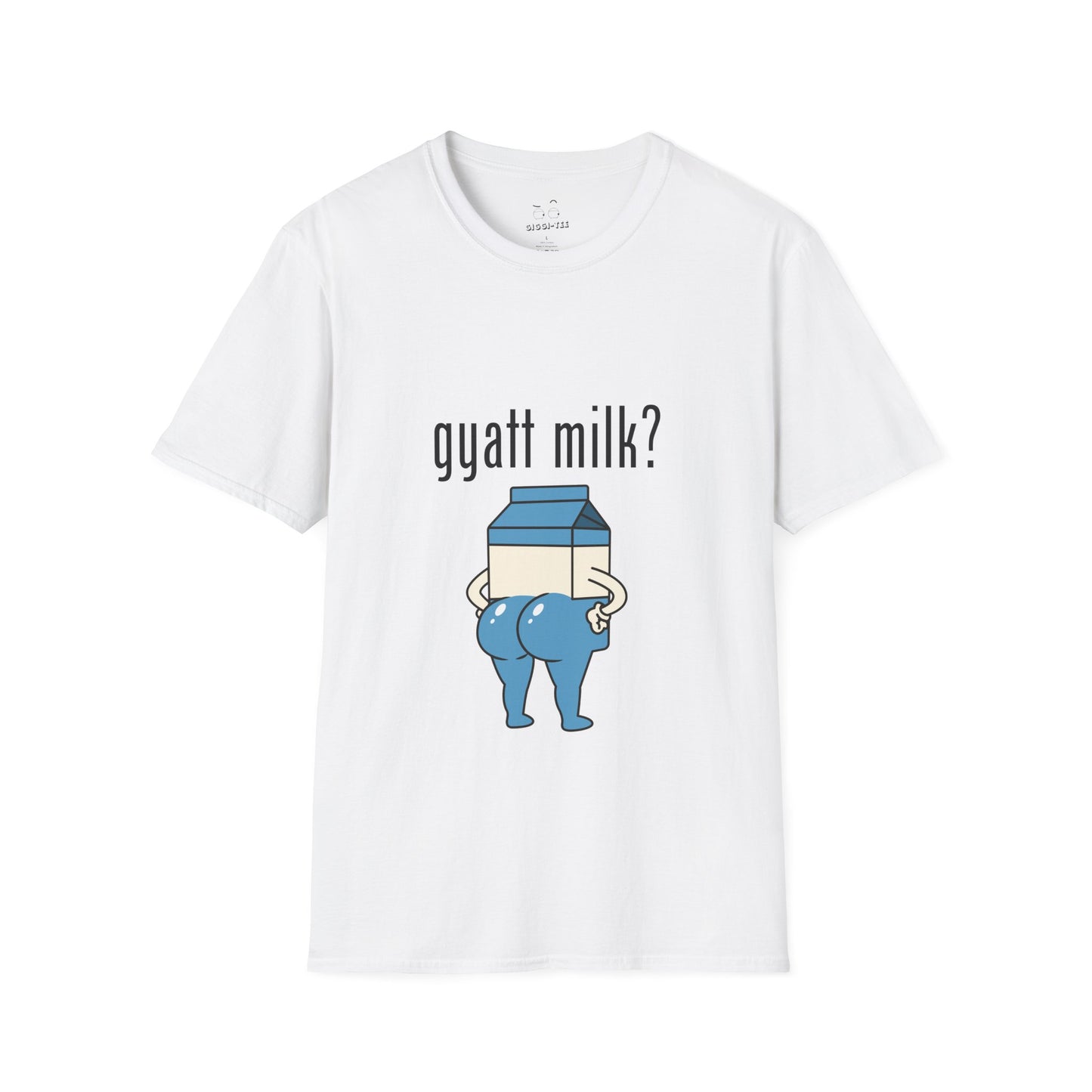 Humorous Got Milk? parody shirt design, Gyatt Milk mashup: cartoon milk carton with a big booty, sassy pose.