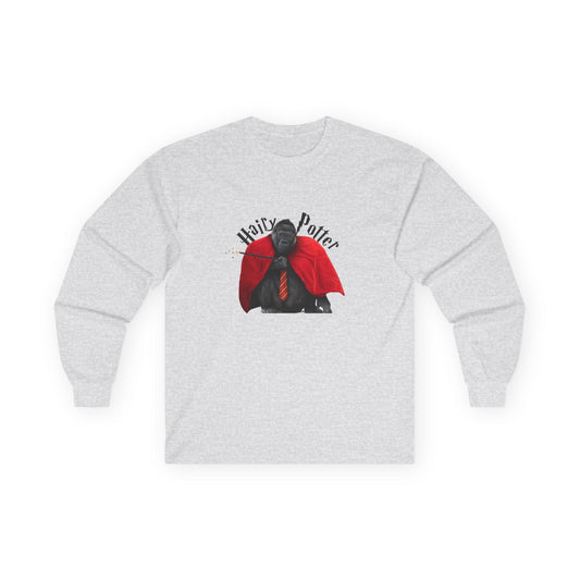 Funny parody design of “Hairy Potter,” an ape with a scar, blue eyes, red wizard robes, and a magic wand, Hogwarts-inspired humor on a t-shirt.