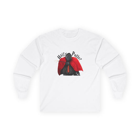 Funny parody design of “Hairy Potter,” an ape with a scar, blue eyes, red wizard robes, and a magic wand, Hogwarts-inspired humor on a t-shirt.