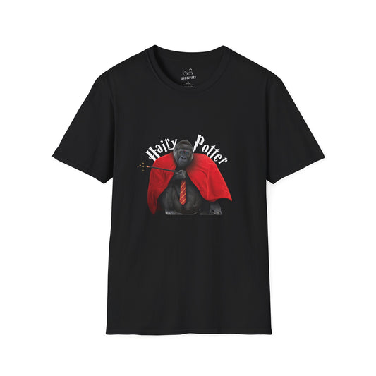 Funny parody design of “Hairy Potter,” an ape with a scar, blue eyes, red wizard robes, and a magic wand, Hogwarts-inspired humor on a t-shirt.