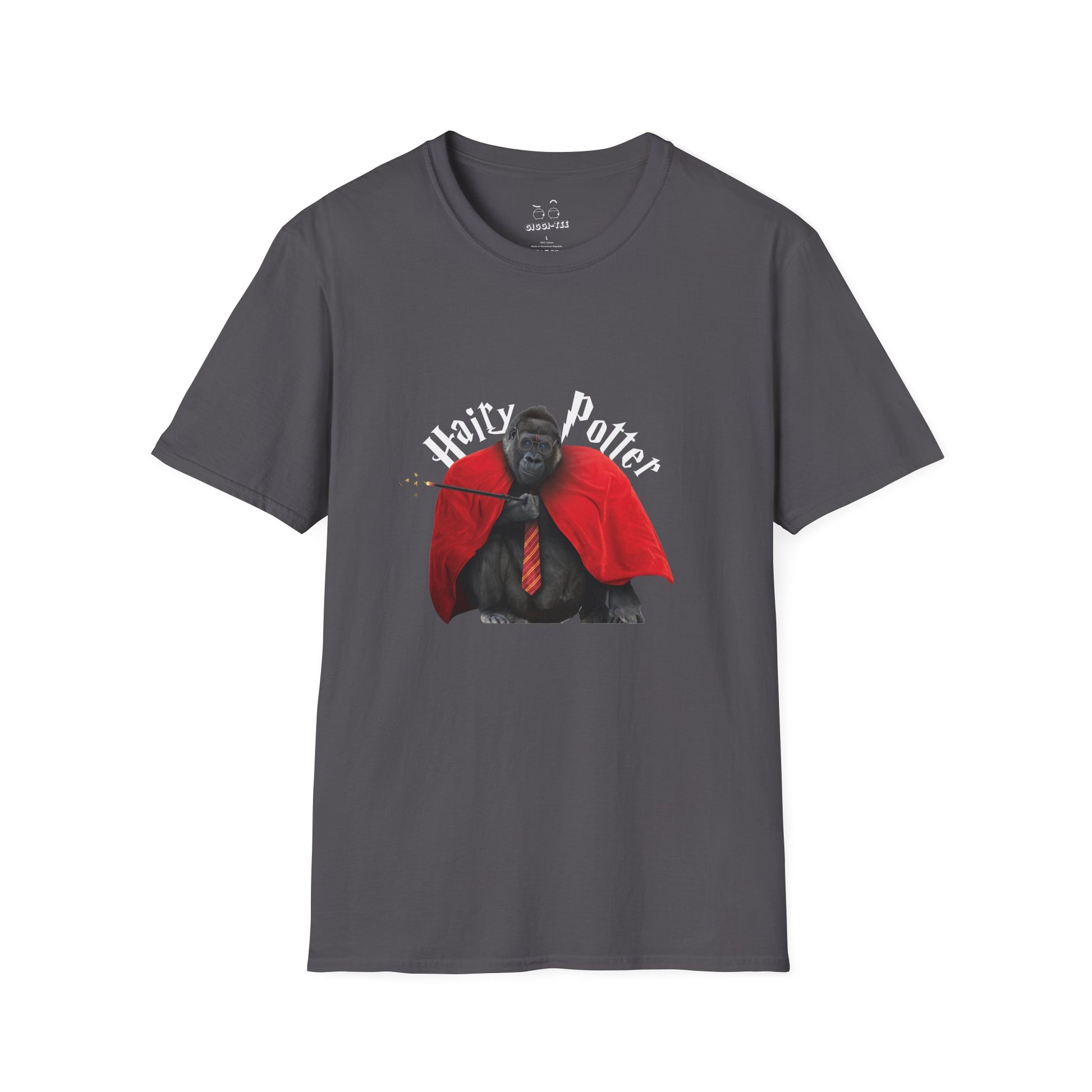 Funny parody design of “Hairy Potter,” an ape with a scar, blue eyes, red wizard robes, and a magic wand, Hogwarts-inspired humor on a t-shirt.