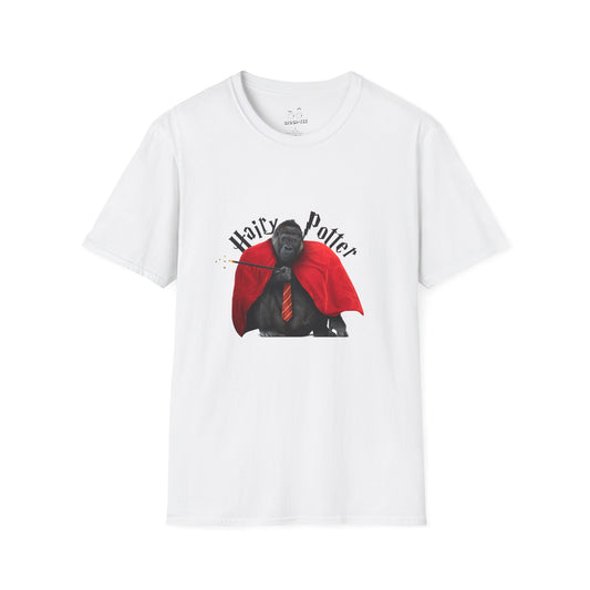 Funny parody design of “Hairy Potter,” an ape with a scar, blue eyes, red wizard robes, and a magic wand, Hogwarts-inspired humor on a t-shirt.