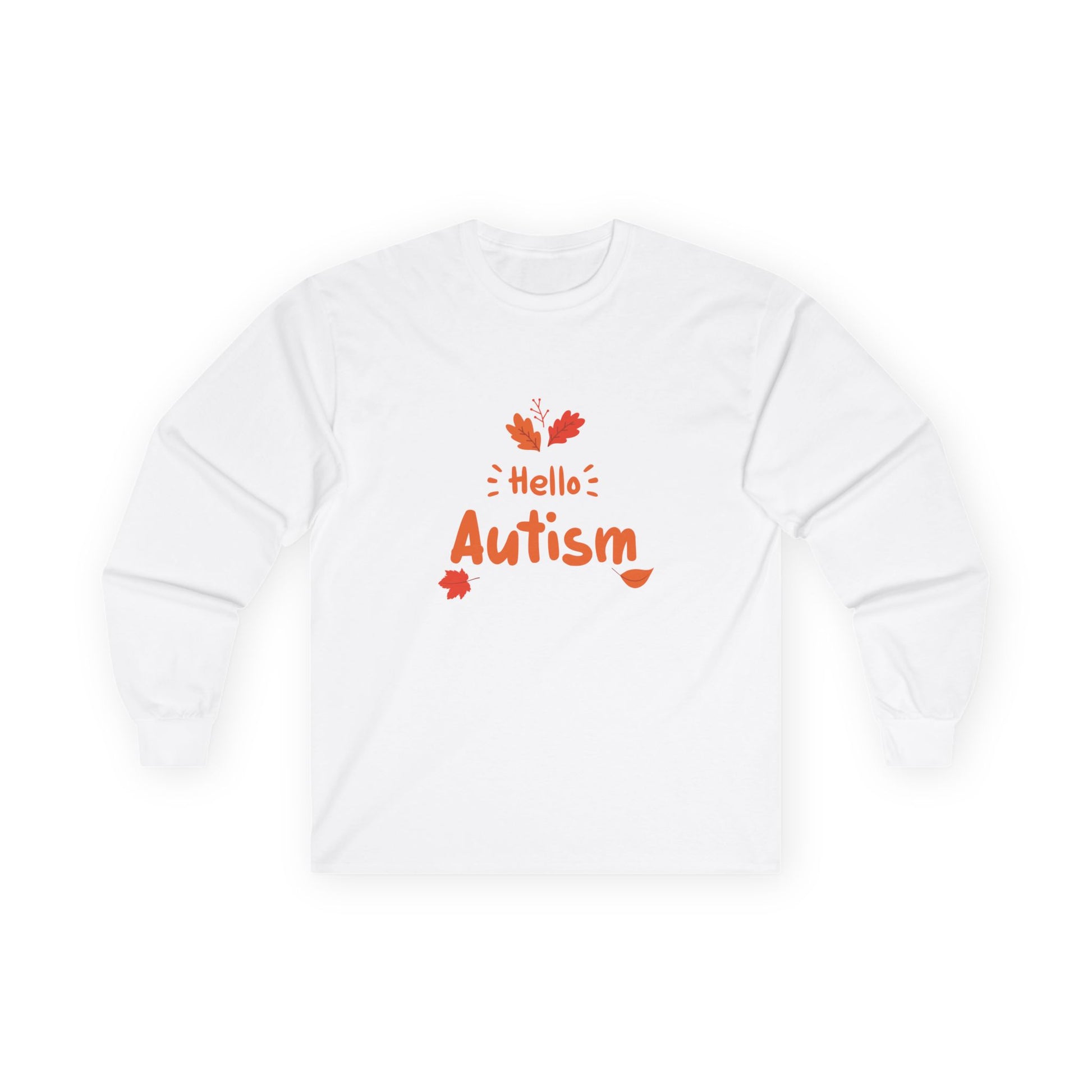 Orange “Hello Autism” text surrounded by falling autumn leaves on a parody t-shirt design, blending cozy fall vibes with edgy humor.