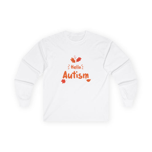 Orange “Hello Autism” text surrounded by falling autumn leaves on a parody t-shirt design, blending cozy fall vibes with edgy humor.