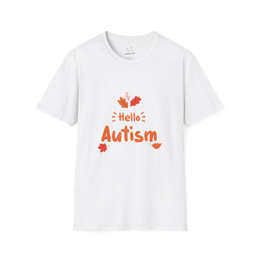 Orange “Hello Autism” text surrounded by falling autumn leaves on a parody t-shirt design, blending cozy fall vibes with edgy humor.