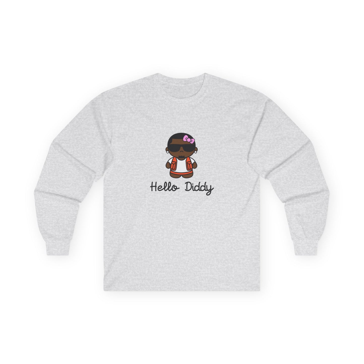 long sleeve t-shirt featuring a minimalist illustration of Diddy styled as a Hello Kitty character with a red bow.