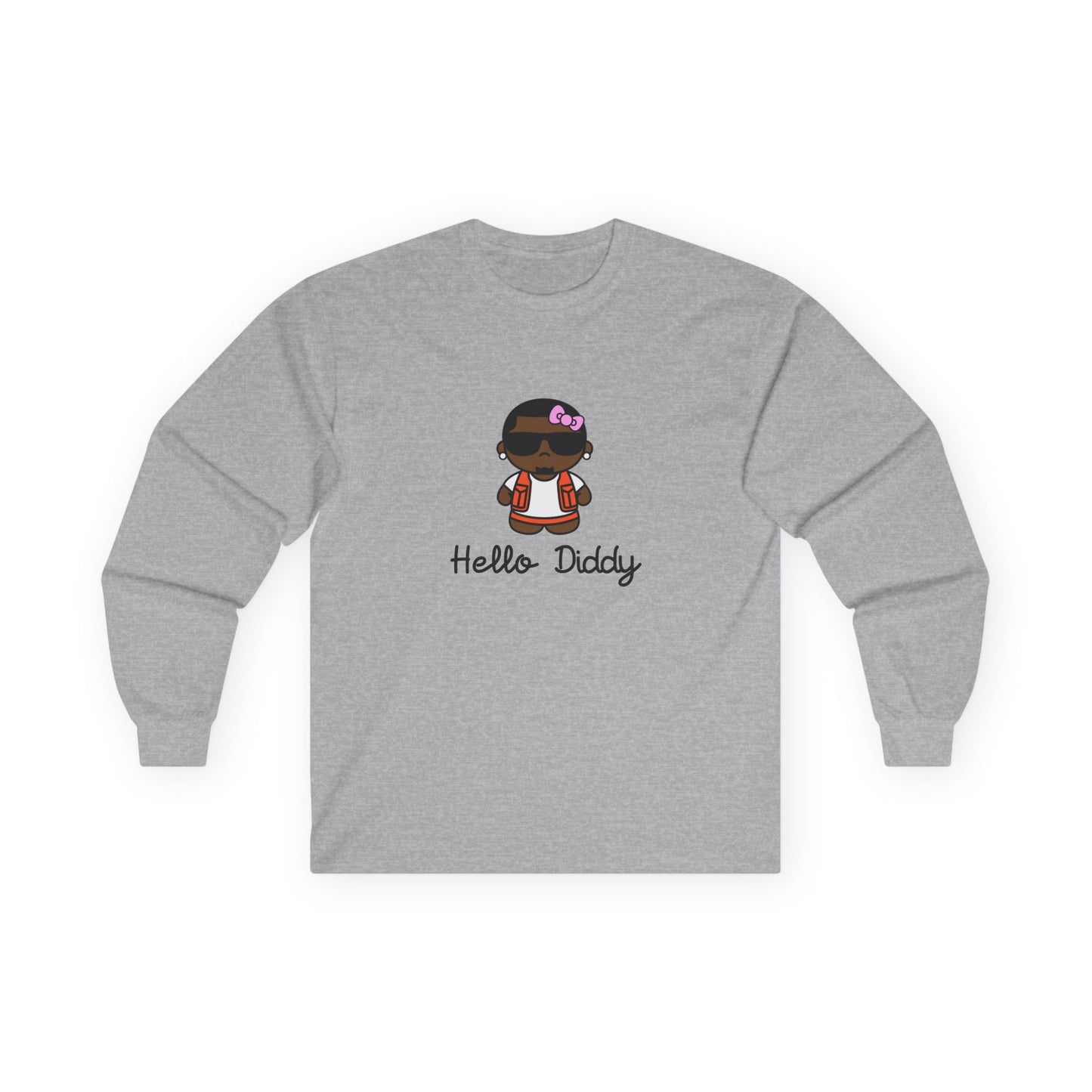long sleeve t-shirt featuring a minimalist illustration of Diddy styled as a Hello Kitty character with a red bow.