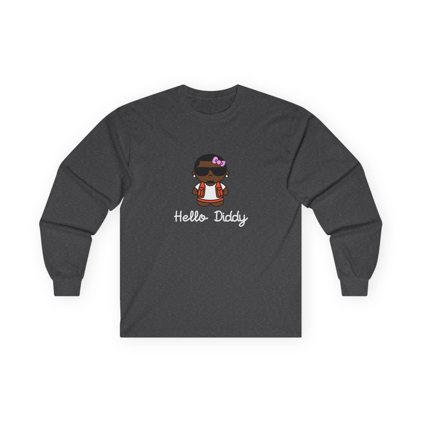 long sleeve t-shirt featuring a minimalist illustration of Diddy styled as a Hello Kitty character with a red bow.