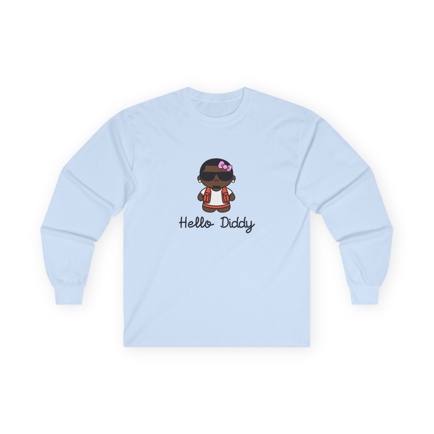 long sleeve t-shirt featuring a minimalist illustration of Diddy styled as a Hello Kitty character with a red bow.