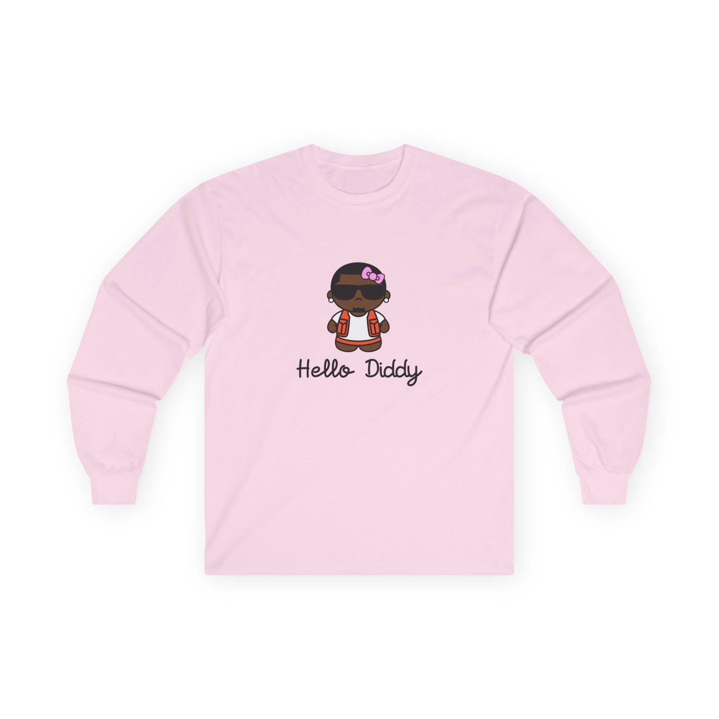 long sleeve t-shirt featuring a minimalist illustration of Diddy styled as a Hello Kitty character with a red bow.