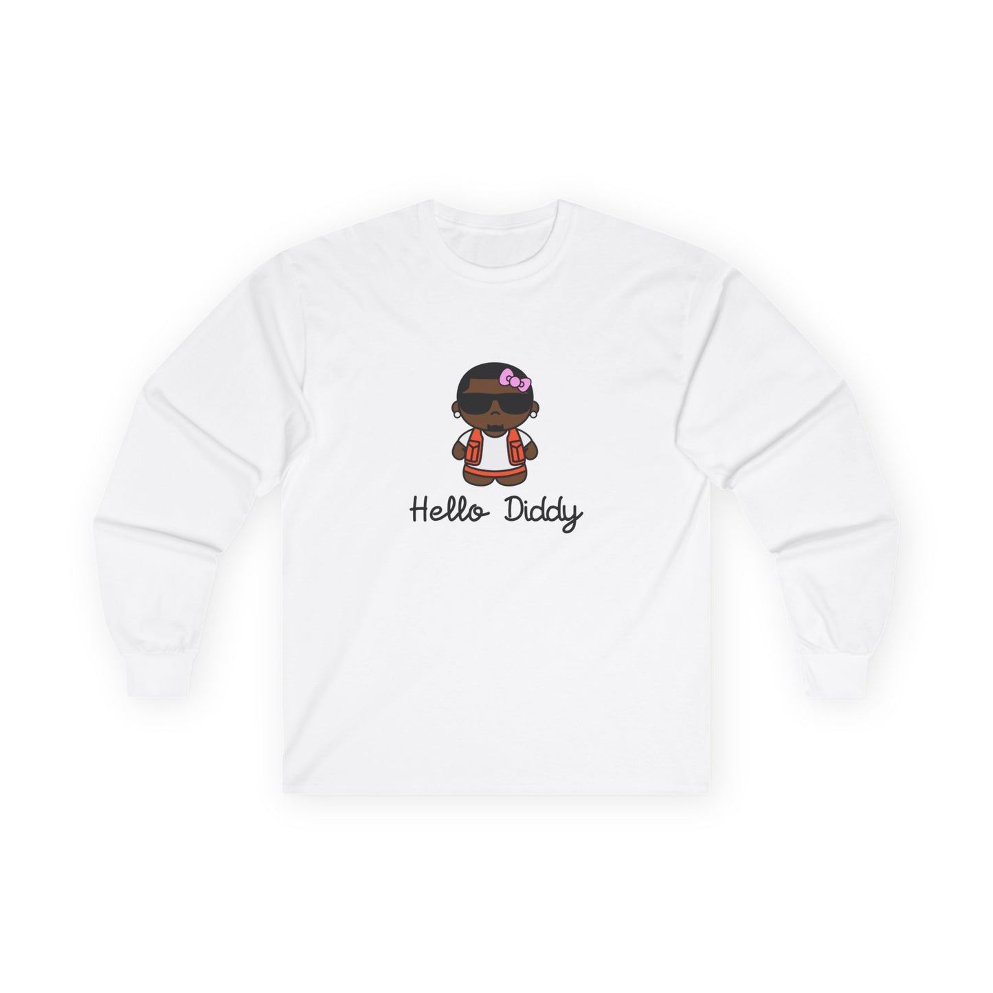 long sleeve t-shirt featuring a minimalist illustration of Diddy styled as a Hello Kitty character with a red bow.