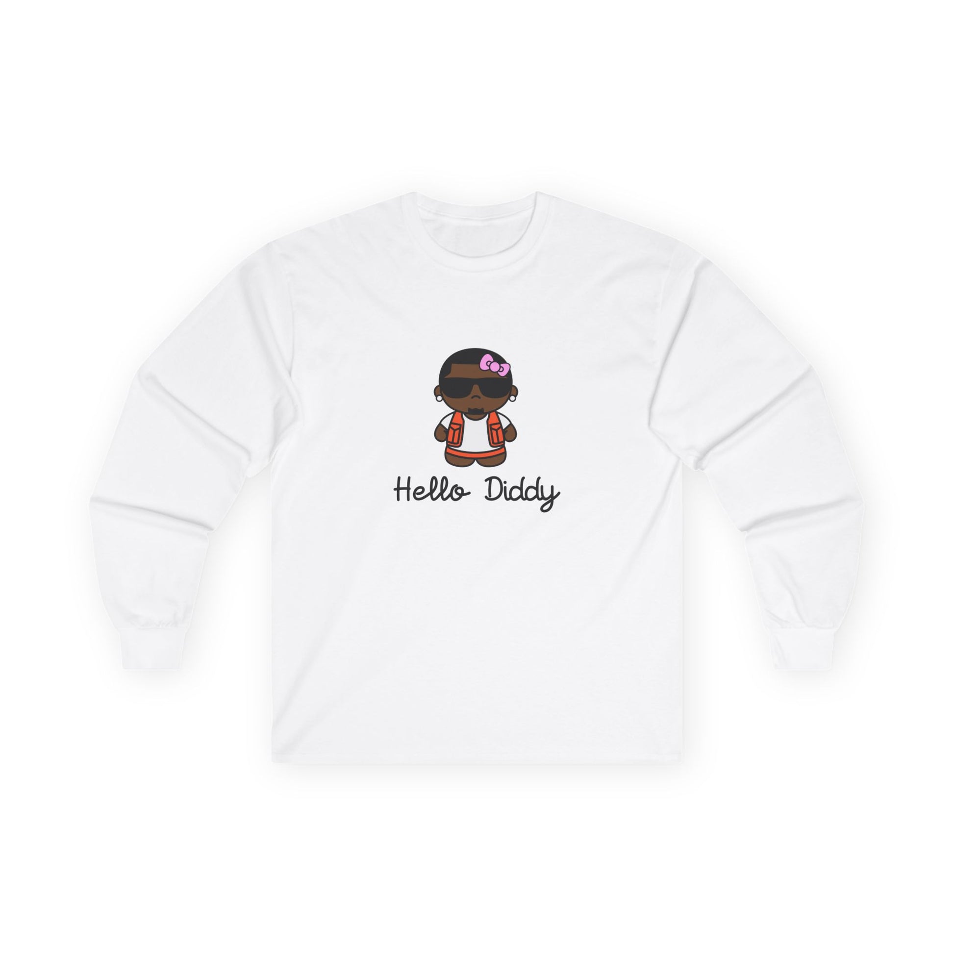 long sleeve t-shirt featuring a minimalist illustration of Diddy styled as a Hello Kitty character with a red bow.