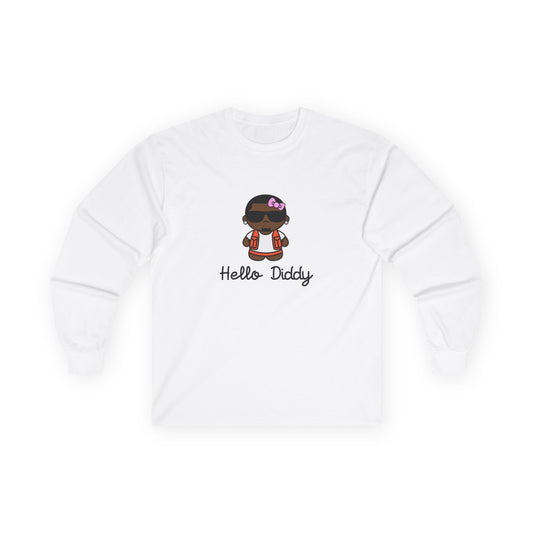long sleeve t-shirt featuring a minimalist illustration of Diddy styled as a Hello Kitty character with a red bow.