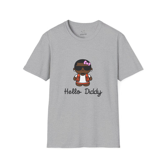 t-shirt featuring a minimalist illustration of Diddy styled as a Hello Kitty character with a red bow.