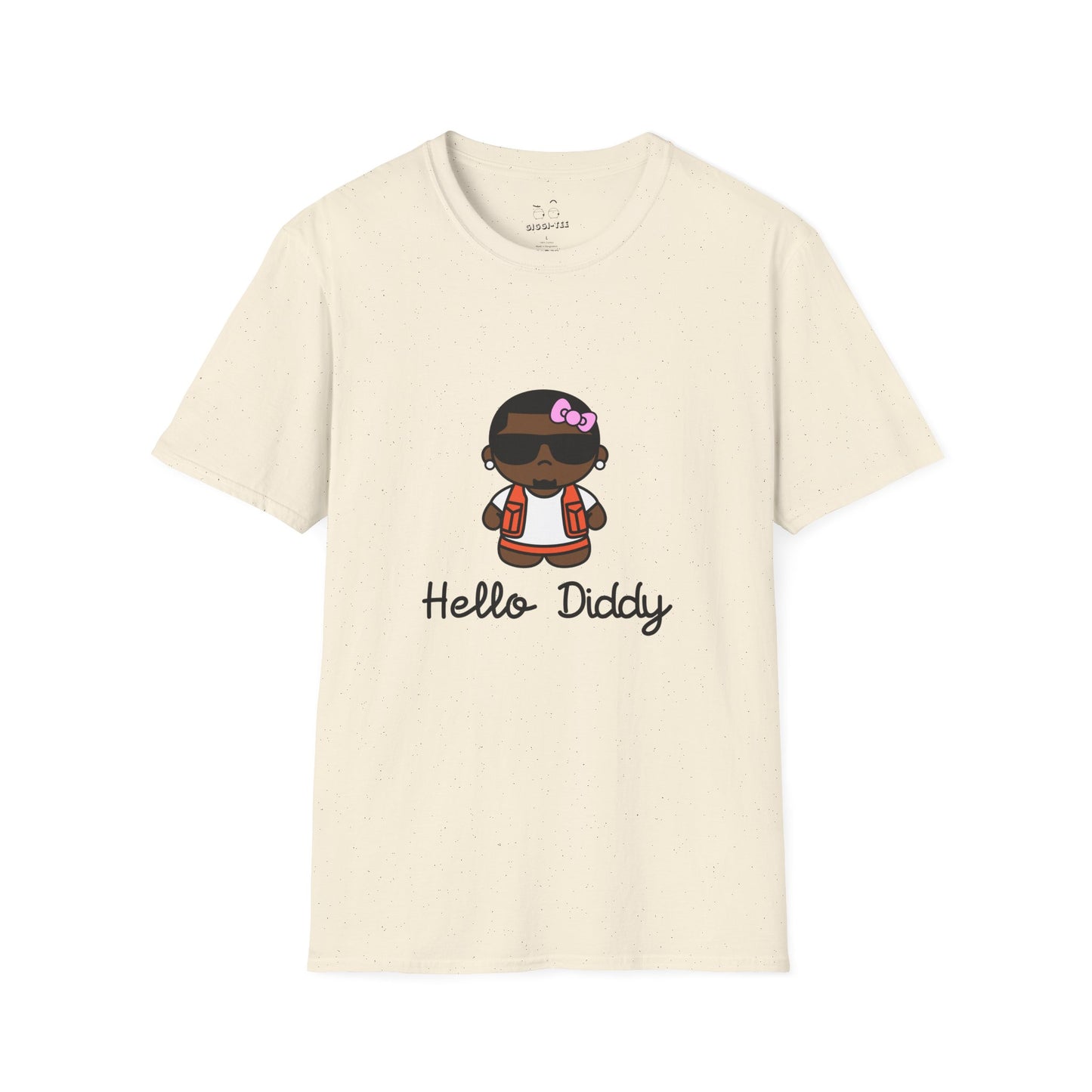 t-shirt featuring a minimalist illustration of Diddy styled as a Hello Kitty character with a red bow.
