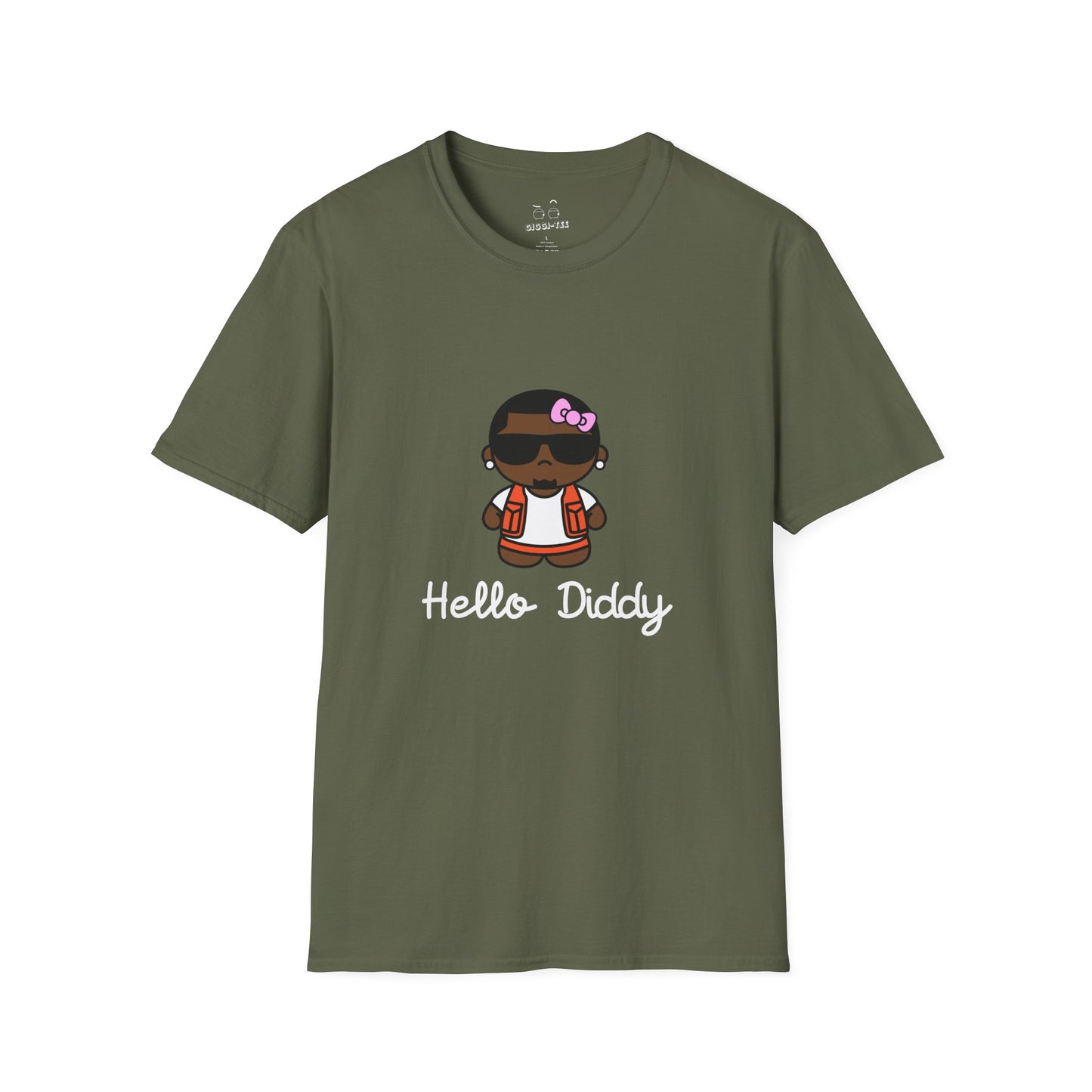 t-shirt featuring a minimalist illustration of Diddy styled as a Hello Kitty character with a red bow.