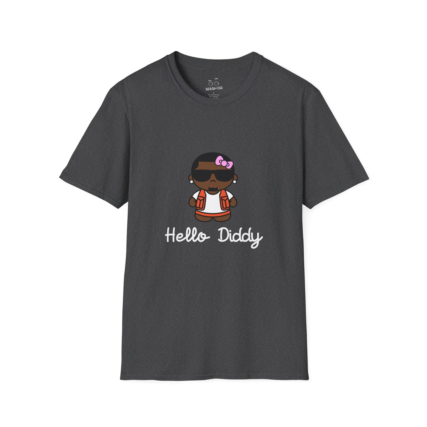 t-shirt featuring a minimalist illustration of Diddy styled as a Hello Kitty character with a red bow.