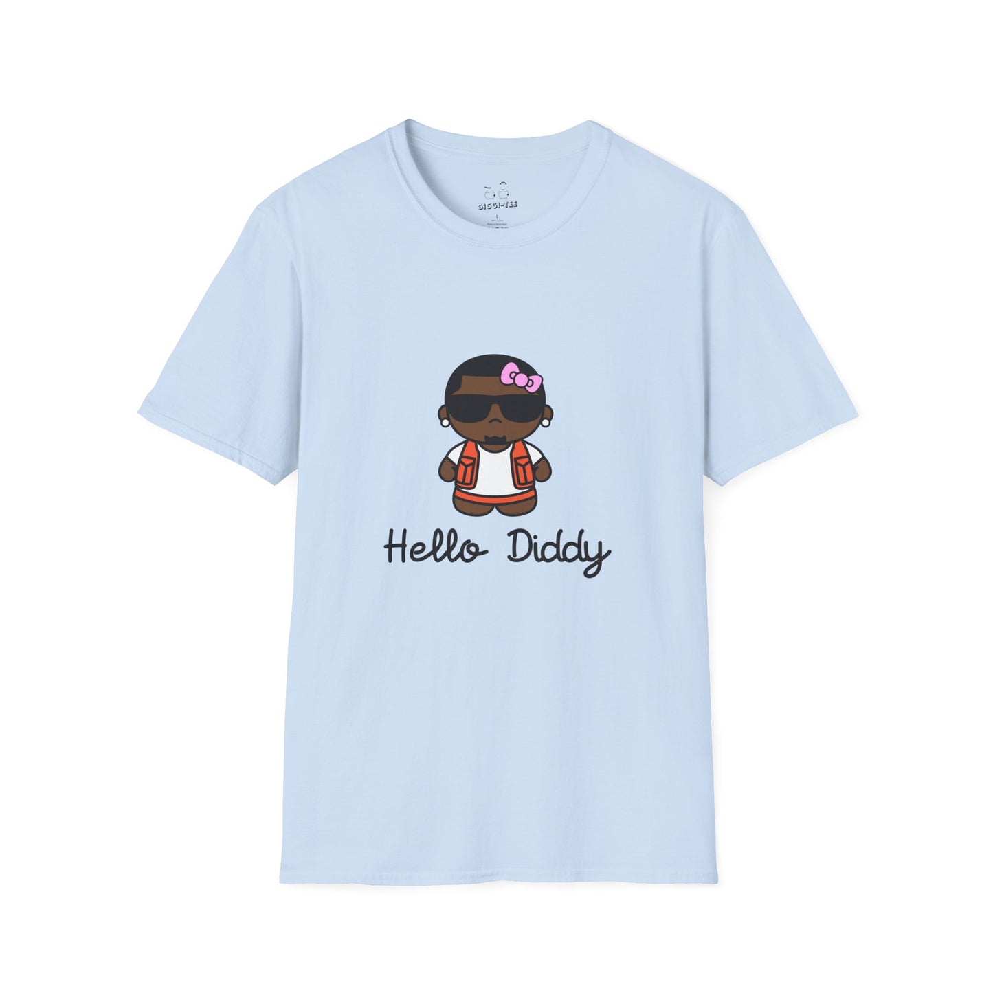 t-shirt featuring a minimalist illustration of Diddy styled as a Hello Kitty character with a red bow.