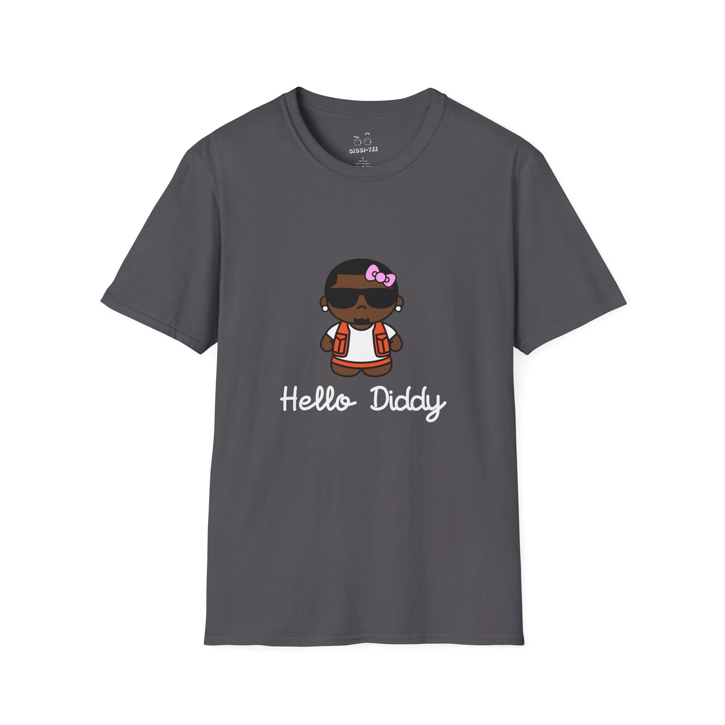 t-shirt featuring a minimalist illustration of Diddy styled as a Hello Kitty character with a red bow.