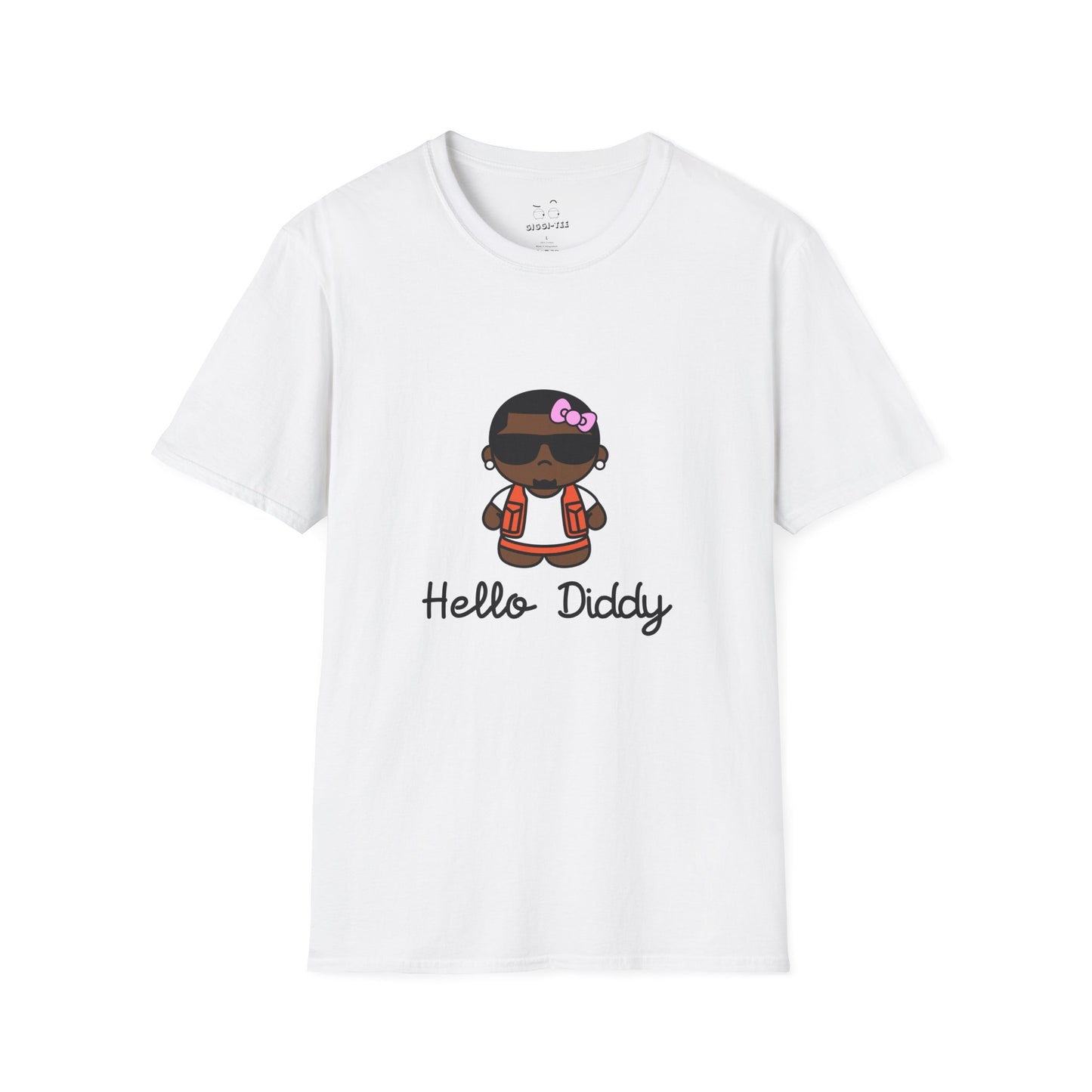 t-shirt featuring a minimalist illustration of Diddy styled as a Hello Kitty character with a red bow.