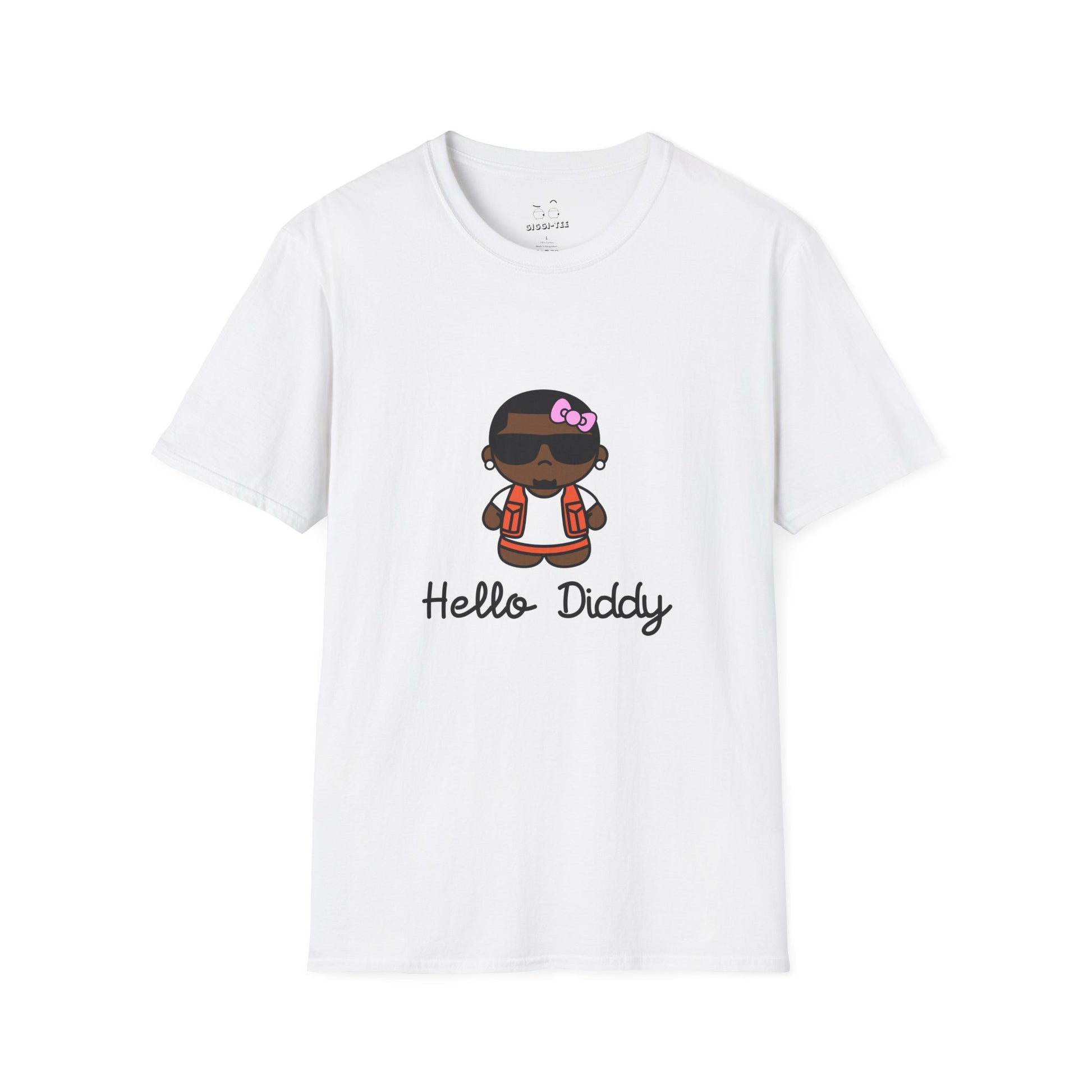 t-shirt featuring a minimalist illustration of Diddy styled as a Hello Kitty character with a red bow.
